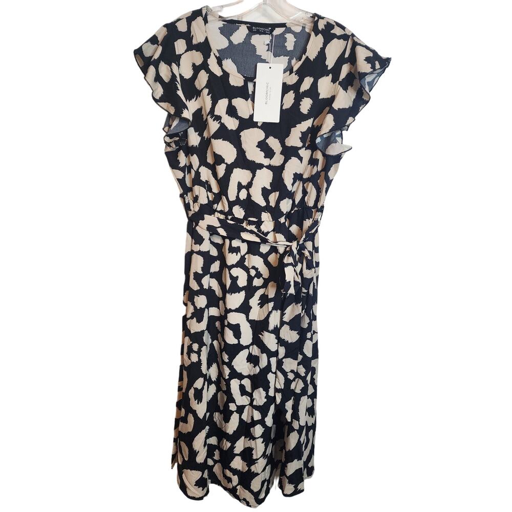 BloomChic Leopard Print Notch Neck Ruffle Cap Sleeve Belted Dress, NWT, Large